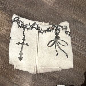 Chic Gray Hoodie with Cross and Chain Design